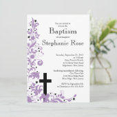 Moderne Cross-paars Flower Baptism-uitnodiging Kaart (Staand voorkant)