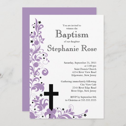 Moderne Cross-paars Flower Baptism-uitnodiging Kaart (Voorkant / Achterkant)