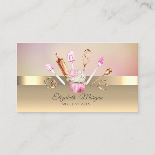 Moderne Cupcake Bloem Gouden Bakkerij Gereedschap Visitekaartje (Voorkant)