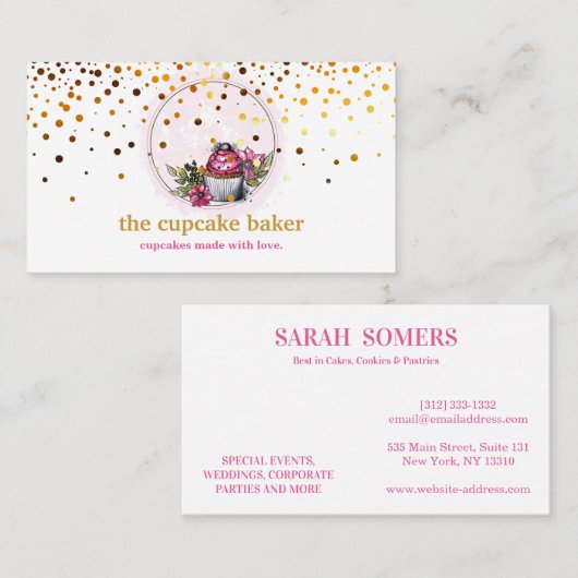 Moderne cupcake Logo Bakery Chef Catering Confetti Visitekaartje (Voorkant / Achterkant)