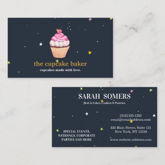 Moderne cupcake Logo Bakery Chef Catering Confetti Visitekaartje (Voorkant / Achterkant)