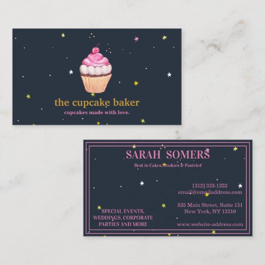 Moderne cupcake Logo Bakery Chef Catering Confetti Visitekaartje (Voorkant / Achterkant)