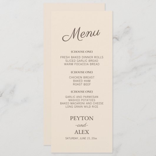 Moderne cursieve Cream Wedding Reception van Manus Menu (Voorkant / Achterkant)