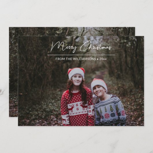 Moderne cursus Kerstmis — White script overlay fot Feestdagenkaart (Voorkant / Achterkant)