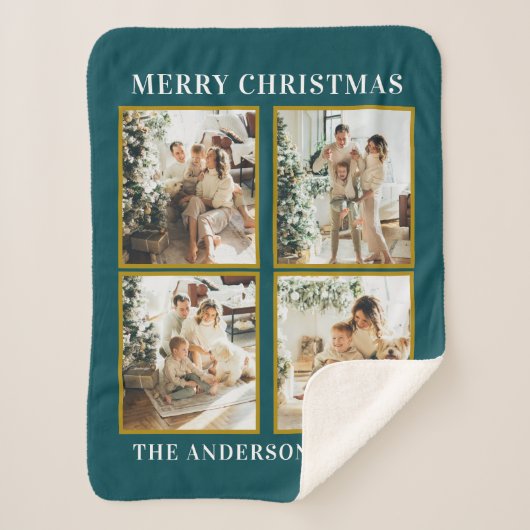 Moderne Custom Christmas Family Fotocollage Blauwg Sherpa Deken (Voorkant)