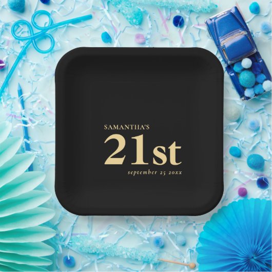 Moderne Custom Goud Zwart 21e Naam Datum Papieren Bordje (Feest)