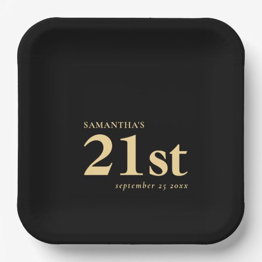 Moderne Custom Goud Zwart 21e Naam Datum Papieren Bordje (Voorkant)