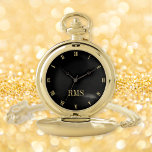 Moderne Custom Monogrammed Classic Romeins Zwart G Zakhorloge<br><div class="desc">Creëer Uw eigen aangepaste, gepersonaliseerde, stijlvolle moderne, mooie elegante faux gold script typografie monogram, klassiek, Romeinse cijfers, chique, premium legering, zwart en gouden zakhorloge. Gewoon typen in jouw naam / monogram / initiaal, aan te passen. Maakt een geweldig cadeau, voor verjaardag, afstuderen, vaderdag, kerst, feestdagen, bruiloft, huwelijksverjaardag, Valentijnsdag, en meer,...</div>