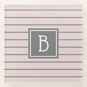 Moderne Custom Monogrammed Roze & Grijze Strepen Glazen Onderzetter