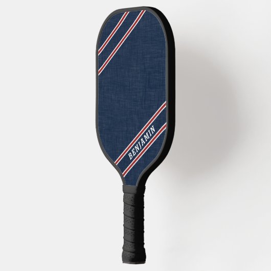 Moderne Custom Navy Blauw Rood Wit Speler Naam Pickleball Paddle (Links)