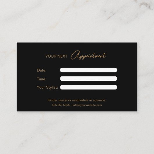 Moderne Custom Photo Hair Stylist Zwart en Goud Afsprakenkaartje (Achterkant)