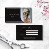 Moderne Custom Photo Hair Stylist Zwart en Goud Afsprakenkaartje