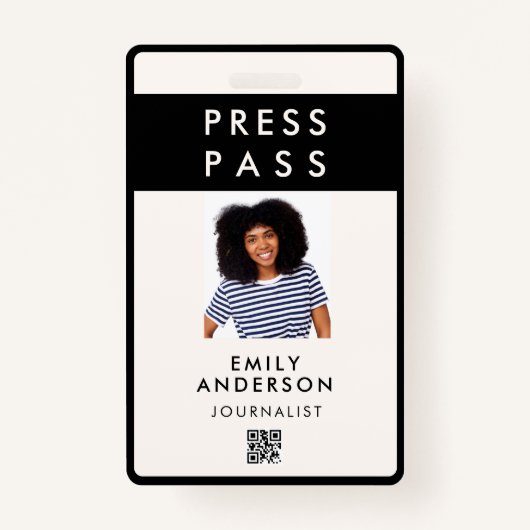 Moderne Custom Press Pass Foto ID Logo QR Code Badge (Voorkant)