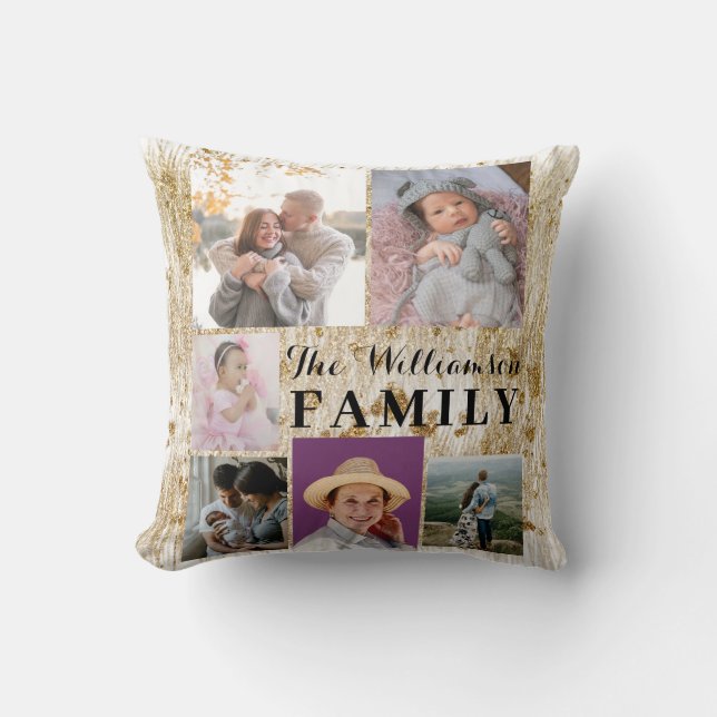 Moderne Custom Wit Goud Familie Fotocollage Kussen (Voorkant)