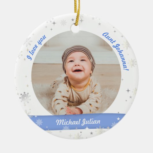 Moderne Cute 2-foto's, babyjongen, eerste kersttan Keramisch Ornament (Voorkant)