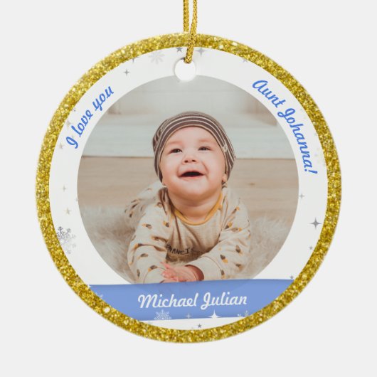 Moderne Cute 2-foto's, babyjongen, eerste kersttan Keramisch Ornament (Voorkant)