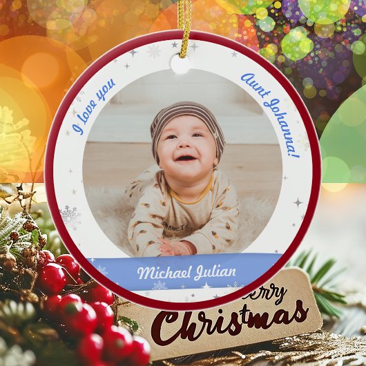 Moderne Cute 2-foto's, babyjongen, eerste kersttan Keramisch Ornament