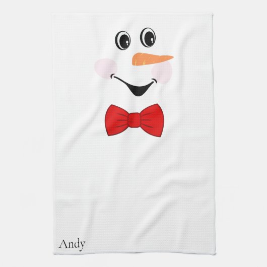 Moderne Cute Aangepaste Lachende Sneeuwman gezicht Theedoek (Verticaal)