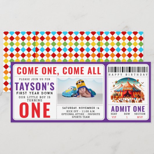 Moderne Cute Circus Carnaval 1e Verjaardag Ticket Kaart (Voorkant / Achterkant)