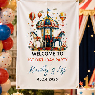 Moderne Cute Circus Kermis Eerste Verjaardag Feest Spandoek