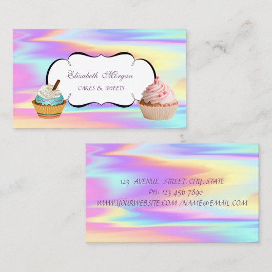 Moderne cute cupcake bakkerij kleurrijk holografis visitekaartje (Voorkant / Achterkant)
