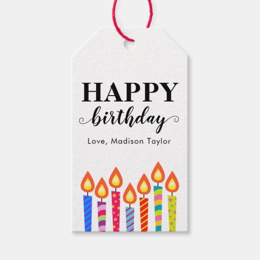 Moderne Cute Happy Birthday Greeting Name Candles Cadeaulabel (Voorkant)