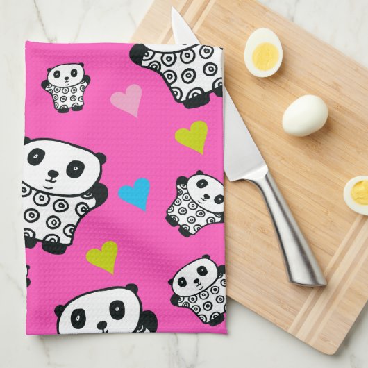 Moderne Cute Kawaii Panda Roze Hartjes Theedoek (Quarter Fold)