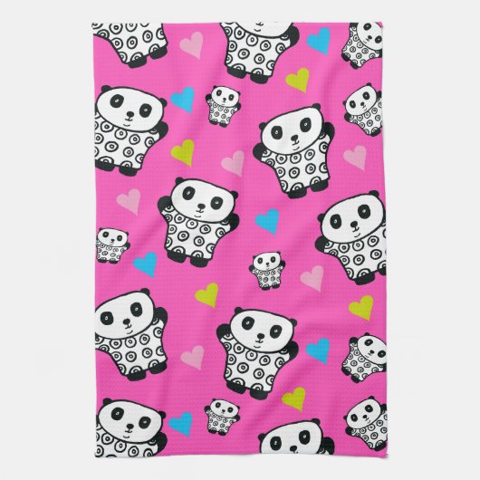 Moderne Cute Kawaii Panda Roze Hartjes Theedoek (Verticaal)
