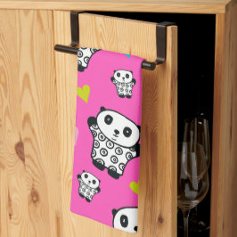 Moderne Cute Kawaii Panda Roze Hartjes Theedoek