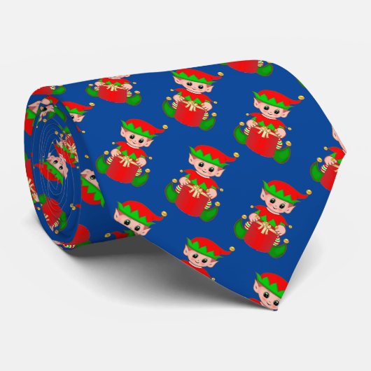 Moderne Cute Kerst Elf Patroon op Blauwe Stropdas (Opgerold)