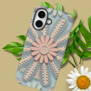 Moderne cute meisjesachtige blauwe en roze bloemri iPhone 16 hoesje