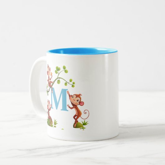 Moderne Cute Monkeys en Turquoise Initial Mok (Voorkant links)