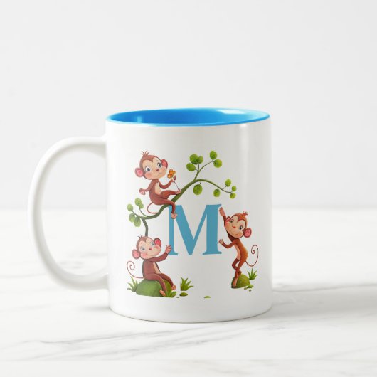 Moderne Cute Monkeys en Turquoise Initial Mok (Links)