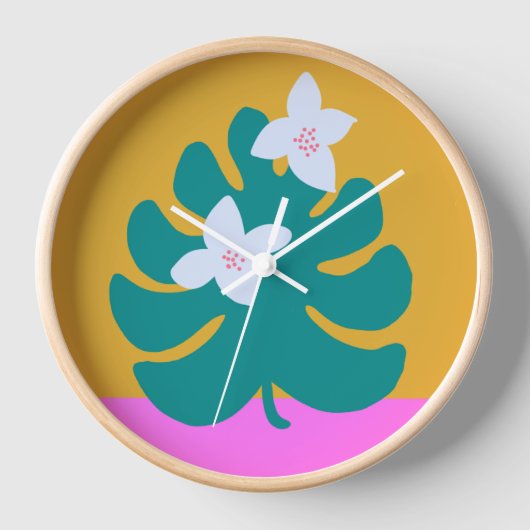 Moderne cute palm geel roze bloem klok (Voorkant)
