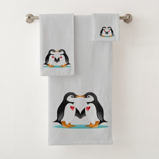 Moderne Cute Pinguïn Koppel op Lichtgrijs Bad Handdoek (Insitu)