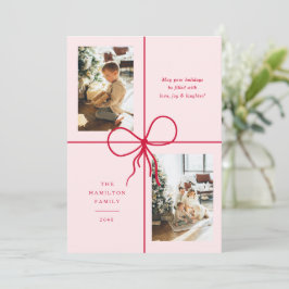 Moderne Cute Rode & Roze Strik Wrap 2 Foto Kerstmi Feestdagenkaart