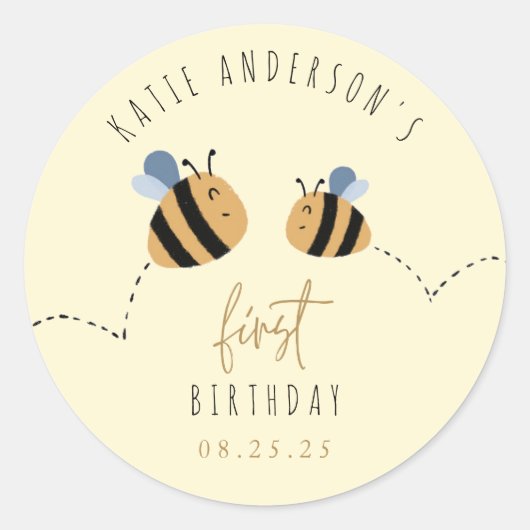 Moderne Cute Yellow Bumblebee First Birthday Ronde Sticker (Voorkant)