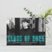 Moderne Cyaan Neon Class of 2023 Photo Afstuderen Aankondiging (Staand voorkant)