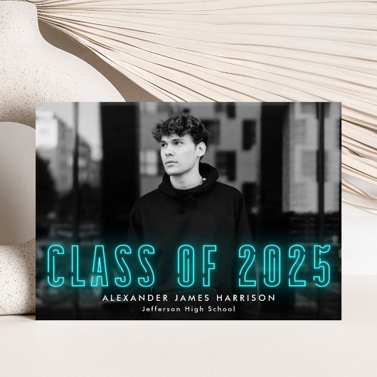 Moderne Cyaan Neon Class of 2023 Photo Afstuderen Aankondiging