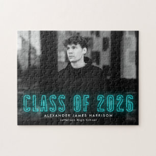 Moderne Cyaan Neon Klasse van 2025 Afstuderen Foto Legpuzzel