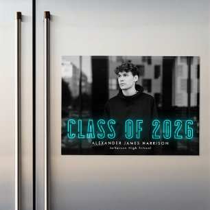 Moderne Cyaan Neon Klasse van 2025 Foto Afstuderen Magnetische Uitnodiging