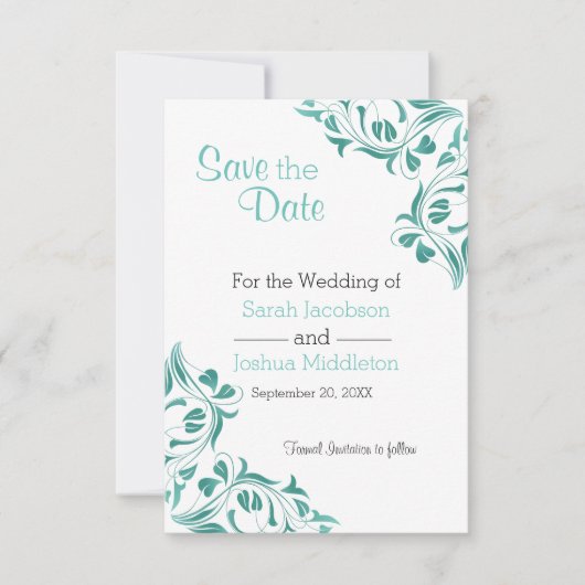 Moderne dag Blauwgroen Floral Save The Date (Voorkant)