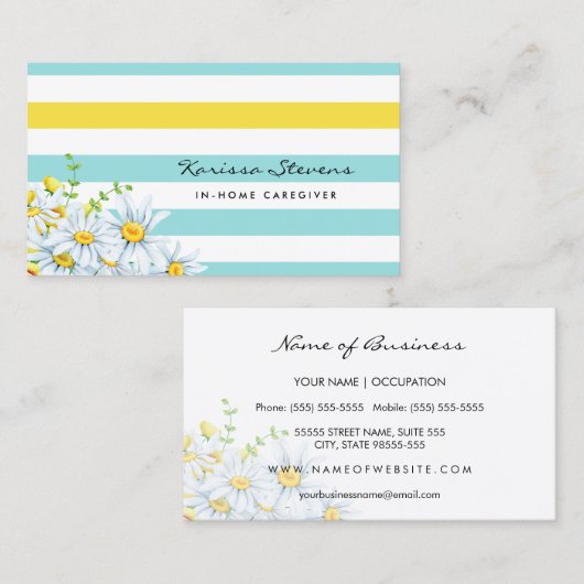 Moderne Daisies Aqua en Yellow Stripes Verzorger Visitekaartje (Voorkant / Achterkant)