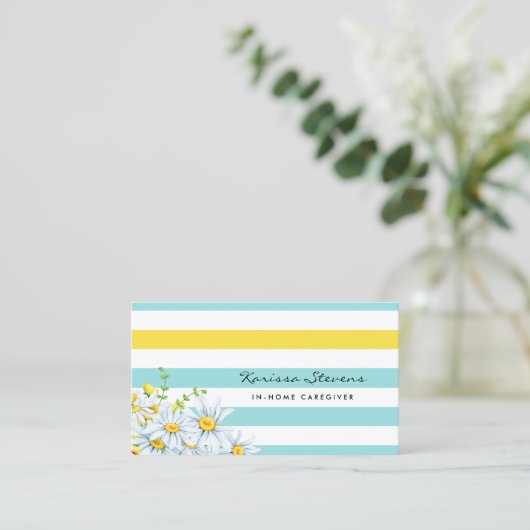 Moderne Daisies Aqua en Yellow Stripes Verzorger Visitekaartje (Staand voorkant)