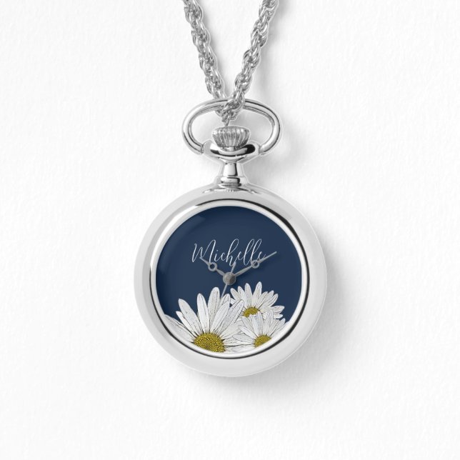 Moderne Daisies Marine Blauw Bloemen Botanisch Horloge (Voorkant)