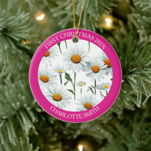 Moderne Daisy Pink eerste kerst Keramisch Ornament