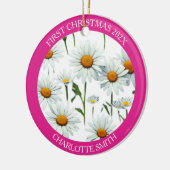 Moderne Daisy Pink eerste kerst Keramisch Ornament (Links)
