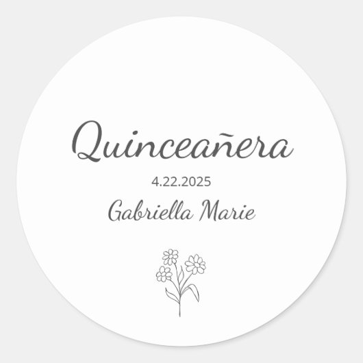 Moderne Daisy Quinceañera Elegante Grijze Typograf Ronde Sticker (Voorkant)