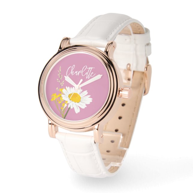 Moderne Daisy Wildflower Custom Monogram Horloge (Hoek)