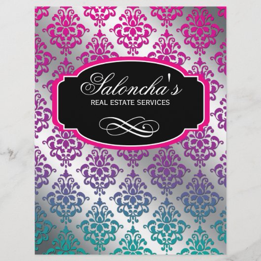Moderne Damask Makelaar Flyer Roze Zilver (Voorkant)